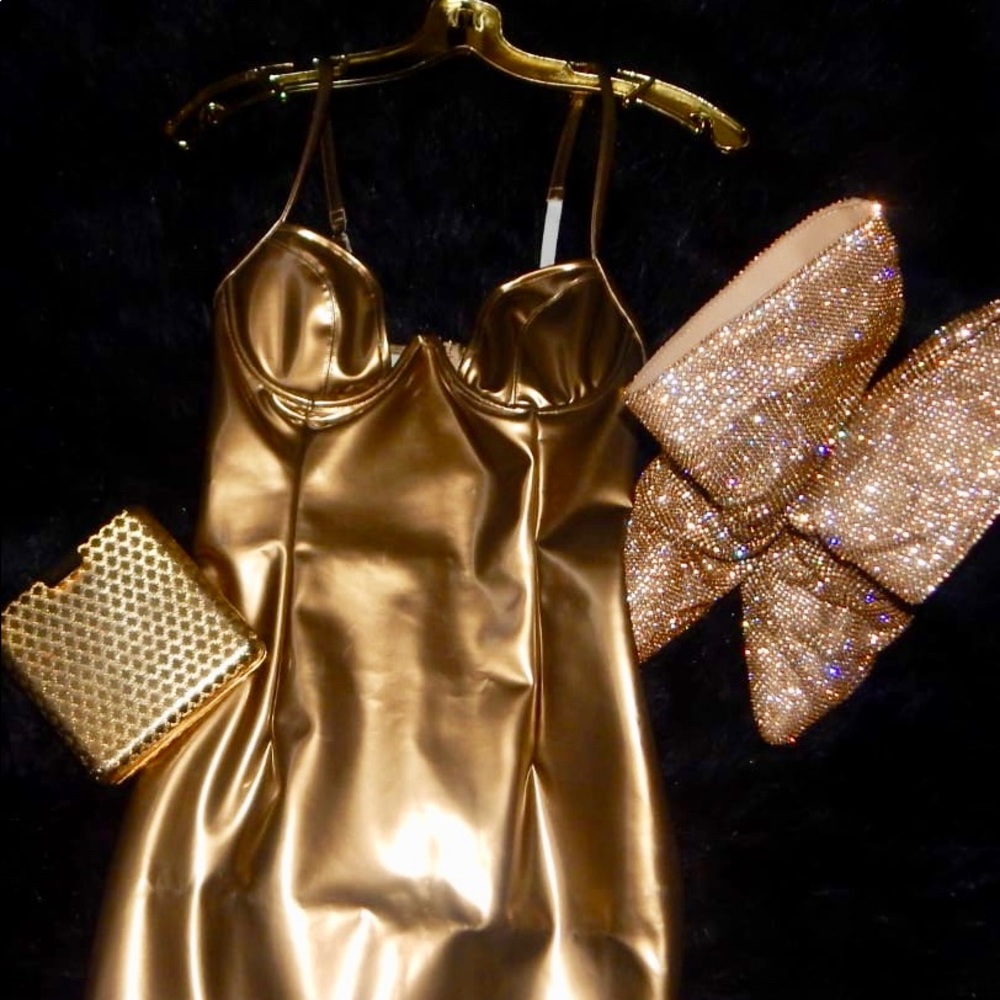 Oh Polly VINYL CURVED CUP MINI DRESS IN GOLD